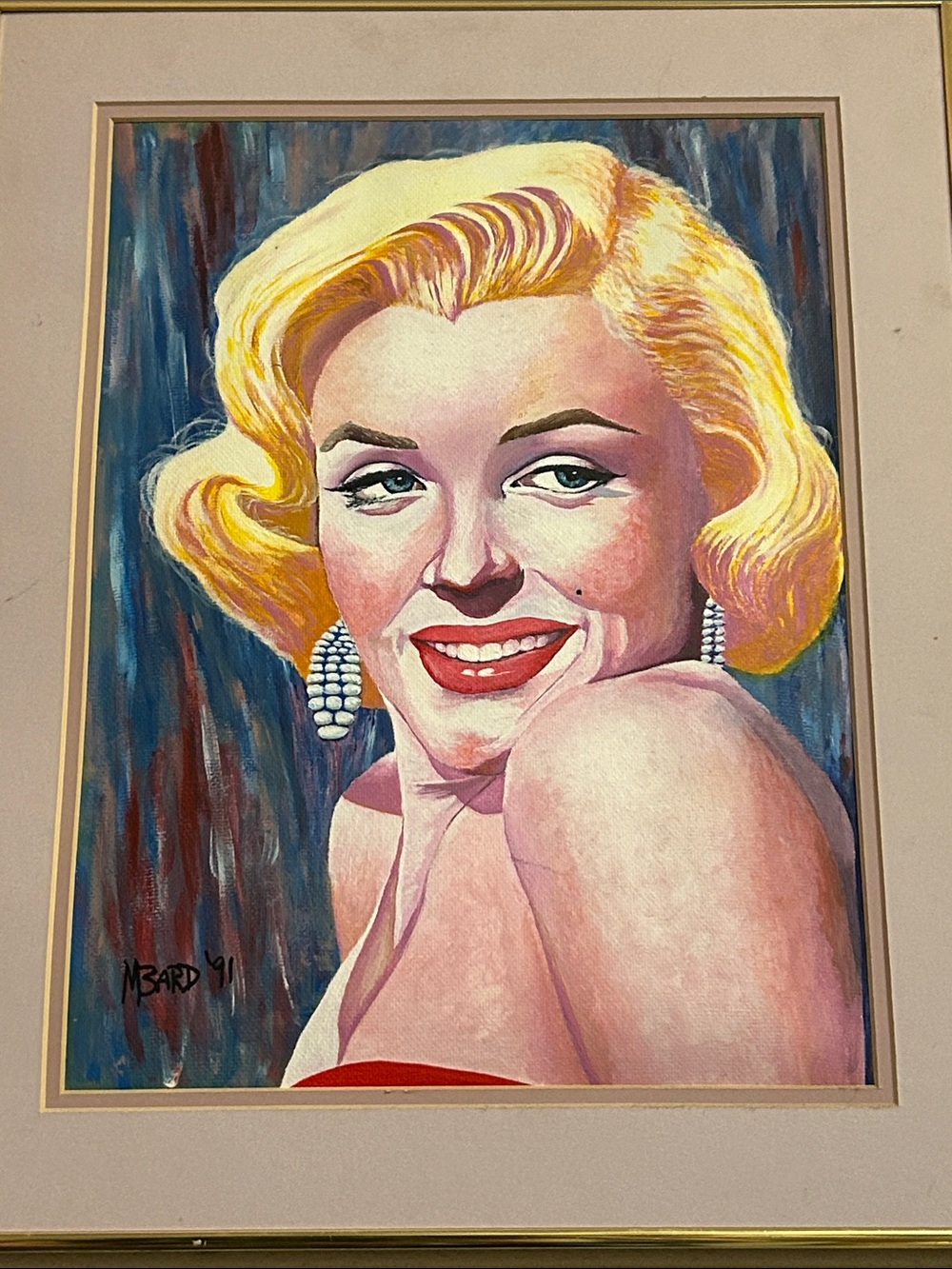 Framed Pop Portrait Art Original Painting in Yellow, Pink and Red